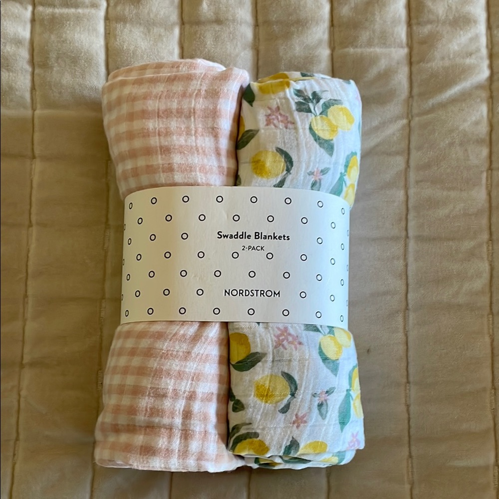 NWT Nordstrom Lemons and Pink Gingham 2-Pack Baby Swaddle Blankets